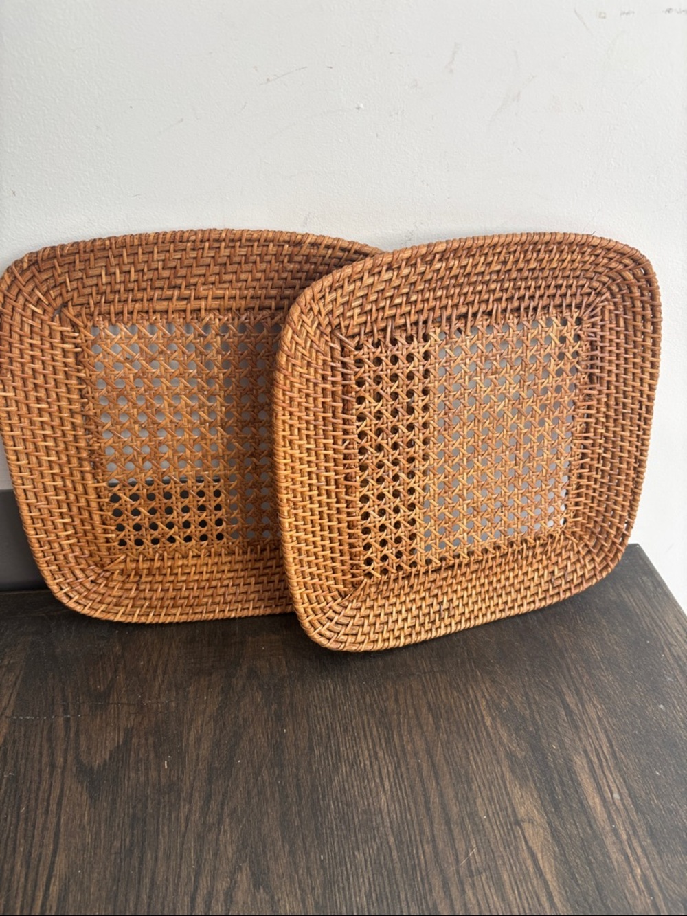 Woven & caned rattan chargers/ trays, set of 2, tan, square, 12.5x12.5”